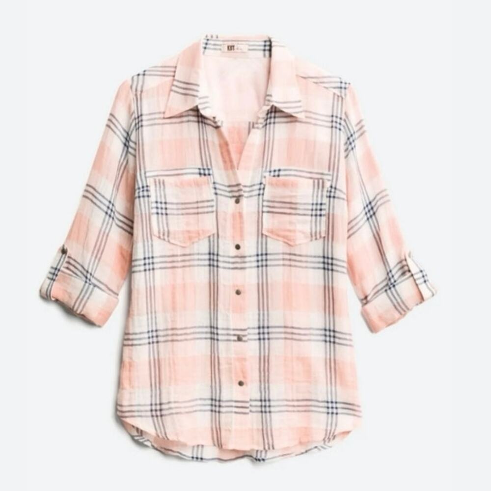 KUT From The Cloth Sz M Blush Pink Semi-Sheer Plaid Poplin Snap-Up Cotton Top
